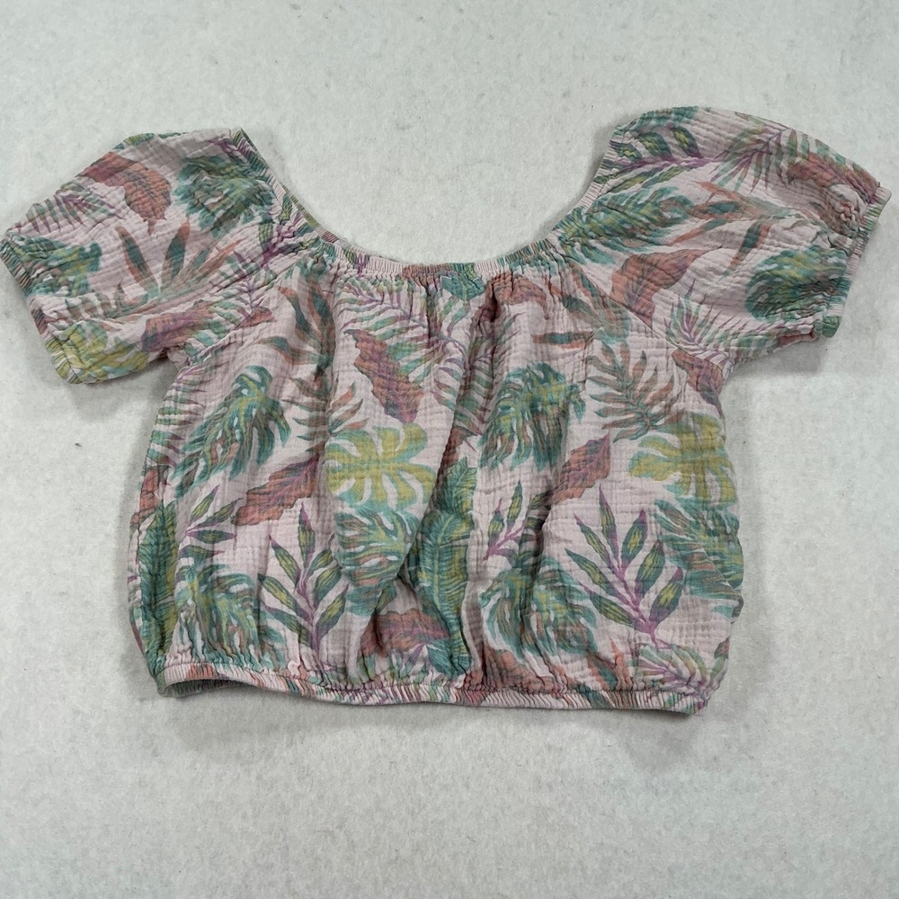 Grayson Threads Kids XL 14 Pink Tropical Palm Gauze Puff Sleeve Elastic Hem Top
